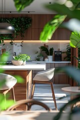 Poster - A warm and inviting kitchen with a table, chairs, and potted plants
