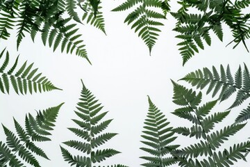 Poster - A group of fresh green leaves placed on a clean white surface, suitable for use in design projects or as a decorative element