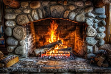 Poster - A cozy stone fireplace with flames crackling and dancing inside, ideal for winter scenes or romantic settings