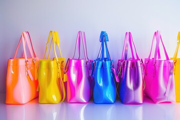 Poster - A collection of colorful handbags placed on a white wall, suitable for use in fashion or design contexts