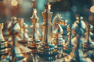 Poster - Close-up view of various chess pieces placed on a table, ideal for use in editorial or educational contexts