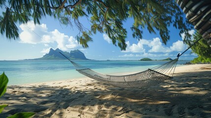 Poster - A hammock hangs from a tree on a sunny beach, perfect for relaxation and enjoying the ocean view