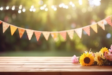 Wall Mural - Empty Wooden Tabletop With Festive Flags and a Blurred Garden Background