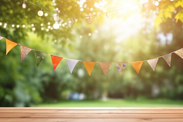 Wall Mural - Empty Wooden Tabletop With Festive Flags and a Blurred Garden Background