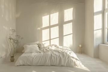 Aufkleber - A bed with white sheets and pillows in a peaceful white room, suitable for interior design or decoration photoshoots
