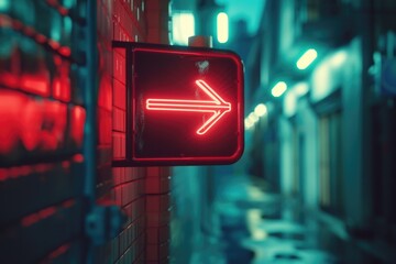 Poster - A red arrow sign hangs from a brick wall, providing guidance or direction