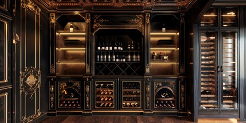 Poster - A dimly lit wine cellar filled with rows of wine bottles
