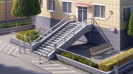 Aufkleber - A modern building with stairs leading up to the entrance, featuring a bench for seating