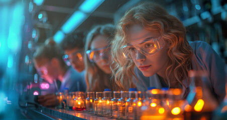 Aufkleber - A group of young scientists wearing lab coats and safety goggles intently observe samples in a laboratory setting.