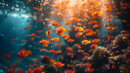 Poster - A vibrant underwater scene featuring a school of clownfish swimming among colorful coral.