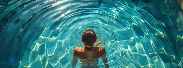  A woman faces away from the camera, submerged up to her waist in a pool, with wet hair billowing around her head