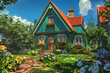 Aufkleber - A vibrant painting of a cozy green house nestled amongst a colorful array of blooming flowers. Generative AI