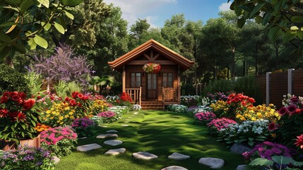 Aufkleber - A serene garden with vibrant flowers surrounding a quaint cabin, creating a peaceful and idyllic retreat in nature. Generative AI