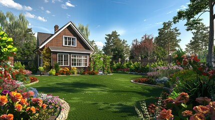 Aufkleber - A charming garden blooms with colorful flowers as a quaint house stands in the background, creating a serene and magical atmosphere. Generative AI