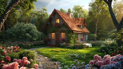 Aufkleber - A charming house nestled in a stunning garden filled with vibrant flowers. Generative AI