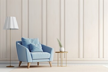 Wall Mural - Modern White Living Room Interior Design with Armchair, Side Table, Floor Lamp, and Wall Poster. Home Decor in Light Gray with Blue Curtains