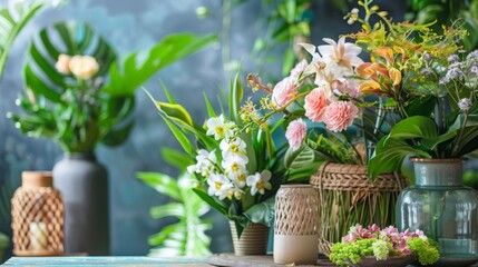 Poster - A close-up photo of a colorful flower arrangement with orchids, carnations, and other blooms in vases on a wooden table, with a blurred green plant and blue wall background.