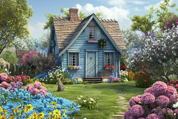 Aufkleber - A charming blue house nestles amidst vibrant flowers, creating a picturesque scene of tranquility and beauty. Generative AI