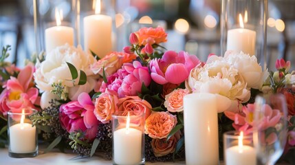 Poster - A close-up of a table centerpiece featuring pink and white flowers, with candles in glass holders. The flowers are arranged in a lush, overflowing display.