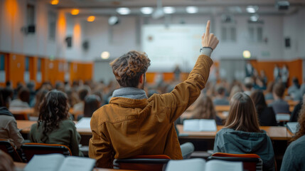 Poster - A student raises their hand to ask a question during a lecture in a large classroom.