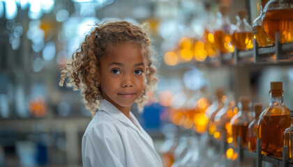 Poster - A young girl with curly hair, wearing a white lab coat, stands in a laboratory setting with shelves of beakers in the background.