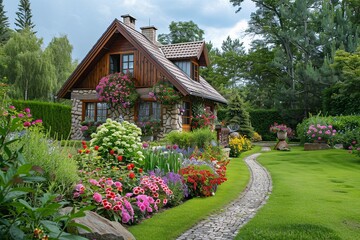 Aufkleber - A charming cottage nestled in the heart of a lush green garden, surrounded by vibrant flowers and a manicured lawn. Generative AI
