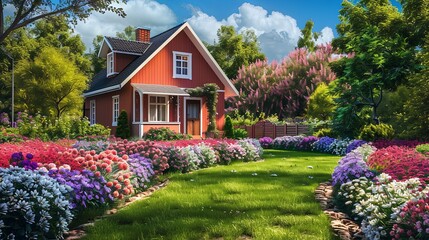 Aufkleber - A vibrant painting of a red cottage nestled amongst a colorful array of blooming flowers in a lush garden setting. Generative AI