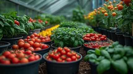 A close-up view of rows of potted tomato plants, ripe with red tomatoes, thriving in a greenhouse garden.
