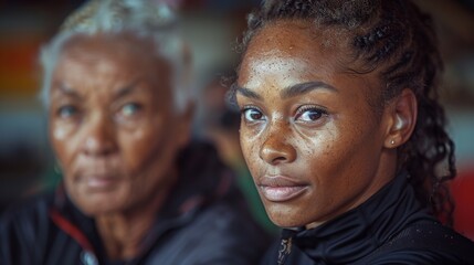 Young black female athlete and elder coach focusing intensely during training session