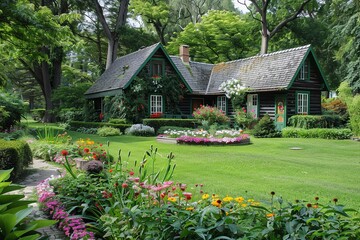 Aufkleber - A serene green house nestled among flourishing trees and vibrant flowers in a picturesque garden setting. Generative AI