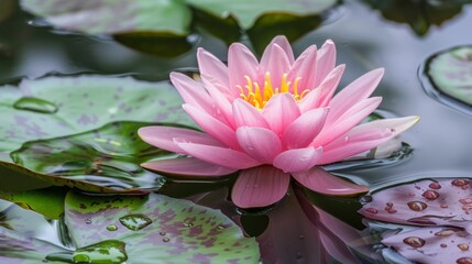 Poster - A single, pink water lily blooms in a still pond, surrounded by green lily pads and reflecting water.