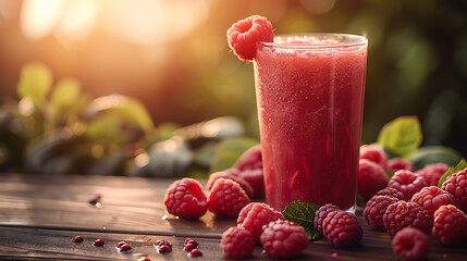 Wall Mural - Fresh tasty raspberry juice in a glass on a wooden table beside the strawberry