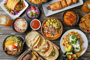 Wall Mural - Selection of Mexican food on wood background, top view