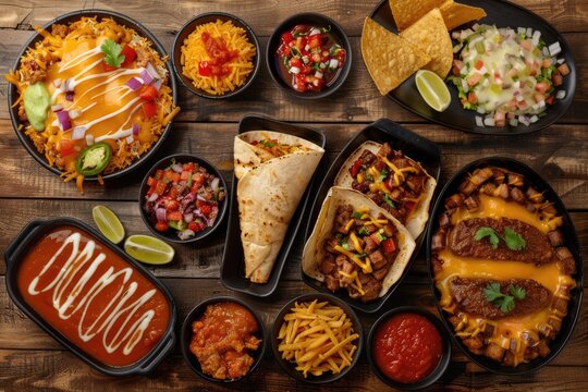 Selection of Mexican food on wood background, top view