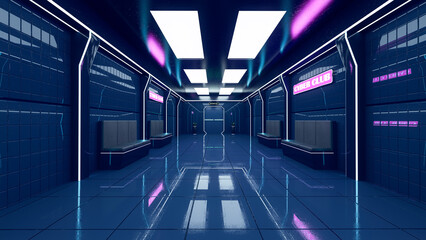 Wall Mural - dark atmospheric futuristic cyberpunk night club interior corridor. 3d rendered illustration.