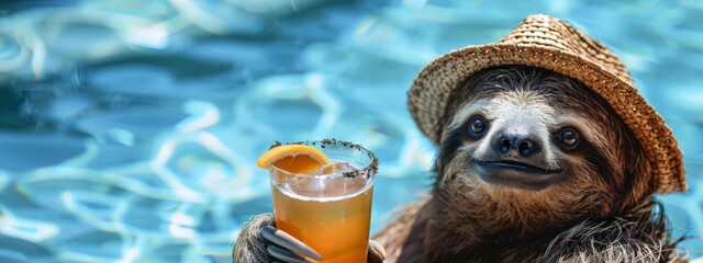 Wall Mural -  A sloth dons a straw hat, sips a drink, facing a swimming pool with a identical hat atop it