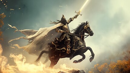 Wall Mural - Illustration of a knight wearing armor and holding a long sword, riding a horse and fighting on the battlefield, a hero wearing armor and holding a long sword, a mythological figure wearing armor and 
