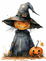 Wall Mural - Watercolor illustration of a witch, pumpkin, Halloween on a white background. postcard, banner, Design