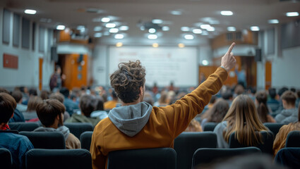 Poster - A student raises his hand in a packed lecture hall, eager to ask a question or participate in the discussion.