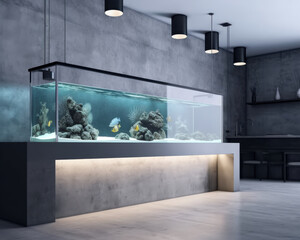 Wall Mural - Close-up photo of a Professional 3D generated clean designed luxury aquarium with live fishes.