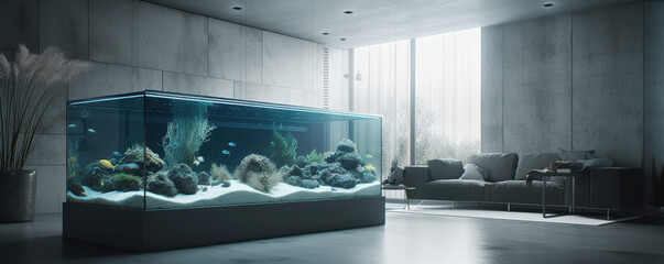 Close-up photo of a Professional 3D generated clean designed luxury aquarium with live fishes.