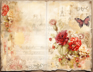 Wall Mural - Vintage background with flowers. Shabby chic paper for junk journal. Scrapbooking floral paper. Generative AI.