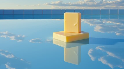 Two soap pieces reflect beautifully with blue sky in a mirrored background, creating a serene image