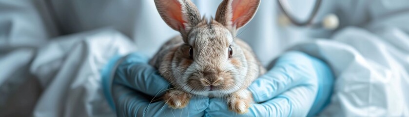 closeup of a rabbit being held by a medical professional, symbolizing the use of animals in lab sett