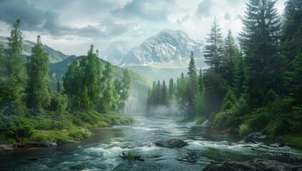 Wall Mural - A beautiful mountain range with a river running through it. Generate AI image