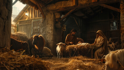 A nativity scene set in a rustic stable, featuring the Holy Family with baby Jesus in the manger, surrounded by animals.
