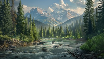 Wall Mural - A beautiful mountain range with a river running through it. Generate AI image