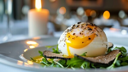 Wall Mural - A white plate with an egg on top of it and some candles, AI