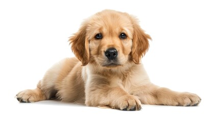 Poster - 3 month old Golden Retriever puppy laying down facing forward looking at camera with dark brown eyes on white background