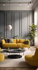 Wall Mural - Modern interior design of scandinavian apartment living room with yellow sofa sideboard and black armchair 3d animation rendering 4k